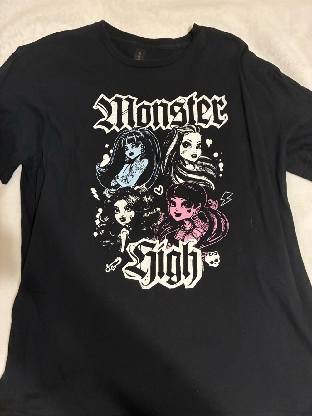 monster high Black Tee with White, Pink & Light Blue Character Graphic